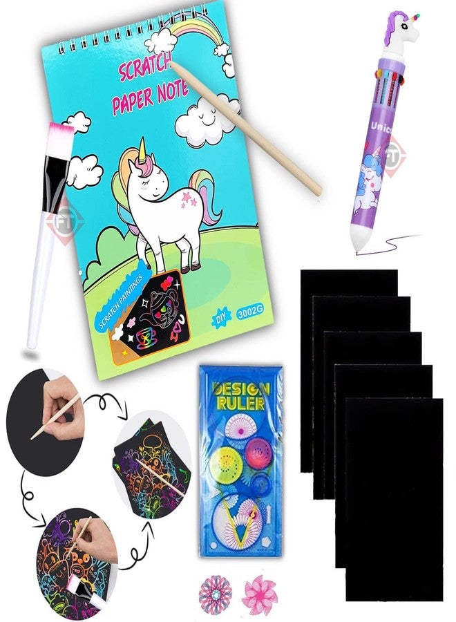 Firstly 1 Scratch Notebook+ 1 Stylus+1 Brush+ 1 Spirograph Ruler+ 1pc 10 in 1 Unicorn Ballpoint Pen| Party Bag Fillers for Kids, Prize Box Party Favours Small Toy for Game Prizes - Image 1